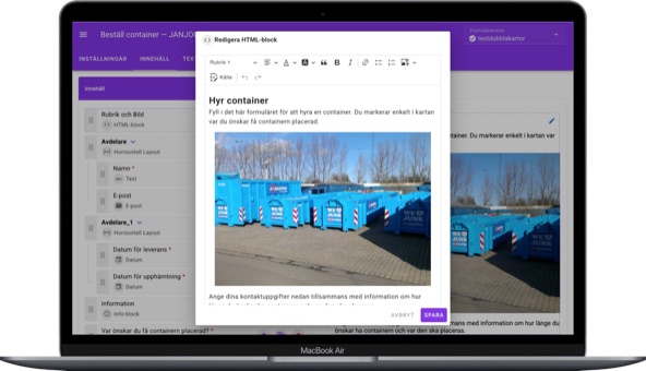 Formulärbyggaren med HTML-blockets textredigerare öppen i ett formulär för containeruthyrning.