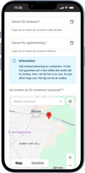 Containerformuläret på mobil med datumfält, informationsruta och en karta för att märka ut placeringen.