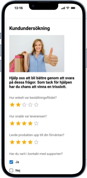Samma kundundersökning på en mobiltelefon, där betygen sätts med stjärnskalor.