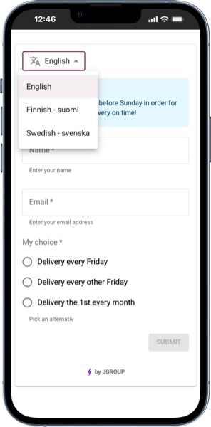 Det flerspråkiga formuläret på mobil med språkväljaren öppen: engelska, finska och svenska.